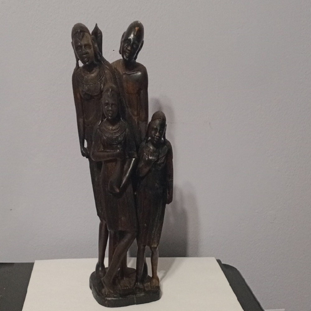Handcrafted Brown Wooden Family Figurine Sculpture - Decorative Home Art